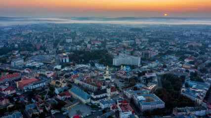 Aerial view on Ivano Frankivsk at sunrise