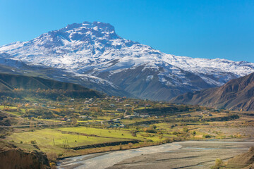 Panoramic view of Shalbuzdag mountain, Dagestna, Russia. Villages at the foot of the Shalbuzdag Mountain and the Samur River. Dokuzparinsky District near the border of Russia and Azerbaijan