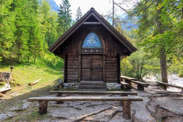 Fototapeta na wymiar Finžgarjeva chapel is a place of pilgrimage near the river Martuljški, Slovenia