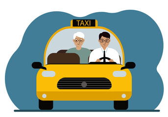 Yellow taxi car. A man in a shirt and tie, a taxi driver, is carrying a passenger to his grandfather. Front view. - obrazy, fototapety, plakaty