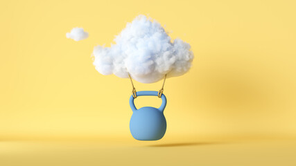 3d render, blue heavy weight is hanging under the levitating cloud, isolated on yellow background. Modern minimal scene. Abstract paradox metaphor