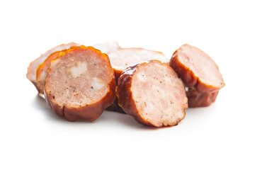 Smoked pork sausages. Sliced salami.