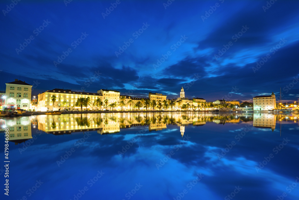 Sticker riva promenade with diocletian palace with reflection at dawn. split, croatia