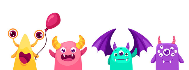 Monster party banner design. Cute creatures with text and colorful party elements, balloons, hats, gifts. Vector cartoon flat Illustration.