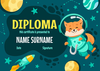 School kids Diploma certificate template with a cute dog astronaut, rocket, moon, stars.  Vector cartoon flat illustration for children in kindergarten and elementary classes