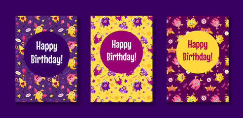 Cute creative birthday cards with monster patterns. Hand Drawn Templates for birthday, anniversary, party invitations. Vector cartoon illustration