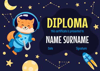 Diploma certificate for kids or children in kindergarten and elementary school with cute dog astronaut in open space with planets, stars, rocket and moon. Vector cartoon flat illustration