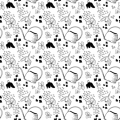 Vector pattern with flowers, seeds, watering can, for gift
 wrapping, textiles
