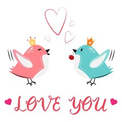 Cute happy birds in love. Pink and blue birds in the air. Happy Valentine's day. For print, cards, banners, posters.