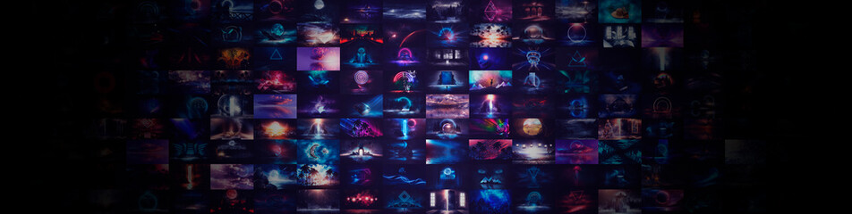 Collage signed with NFT token. Abstract NFT collage. EVERYDAYS: THE FIRST 5000 DAYS. Digital art, set of 3d illustrations. NFT concept, light rays, neon. 