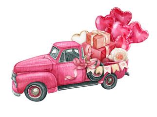 Valentine pink truck.Watercolor Valentine's Day car, heart balloons, gift box, love wedding car graphics. Loads of love postcard