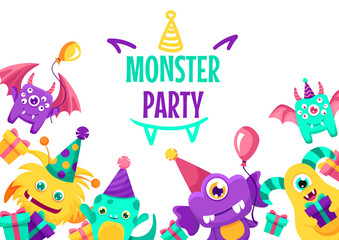 Monster party banner design. Cute creatures with text and colorful party elements, balloons, hats, gifts. Vector cartoon flat Illustration.