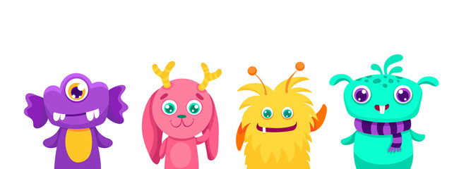 Obraz premium Cute funny colourful monsters avatars of head faces icon set line for halloween banner with space for text. Vector cartoon illustration