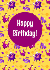 Cute creative birthday cards with monster patterns. Hand Drawn Templates for birthday, anniversary, party invitations. Vector cartoon illustration
