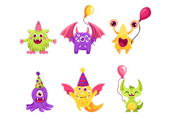 Set of cute and funny monsters for your Birthday design with balloons, party hats and gifts. Vector cartoon children illustration