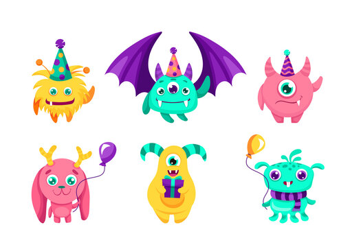 Set of cute and funny monsters for your Birthday design with balloons, party hats and gifts. Vector cartoon children illustration