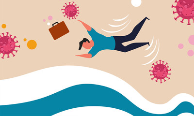 Second wave vaccine tsunami and businessman health fall with economic. Coronavirus risk and flu vector illustration concept. Death for pneumonia and collapse vaccination. Covid 19 warning and crisis