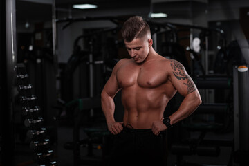 Obraz na płótnie Canvas strong handsome young man fitness model with a sporty naked body and muscles does training workout in the gym