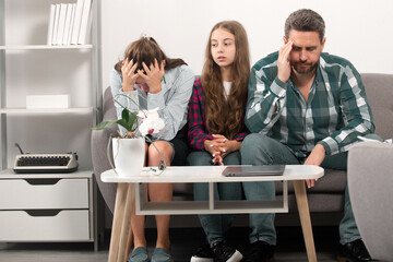 Trouble couple with unhappy child teenager discussing problems in worry family. Conflicts marital...