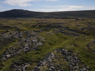 Fototapeta na wymiar Aerial drone landscape of lava fields in North Iceland