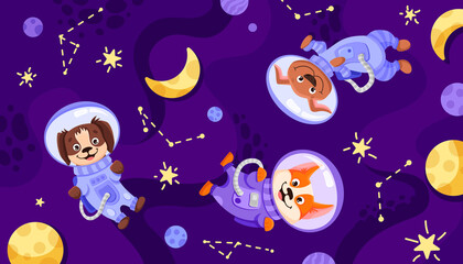 Space dog team in suits and helmets. Universe with cosmonauts for childrens print, nursery designs, perfect for kids room, fabric, wrapping, wallpaper, textile. Vector cartoon illustration