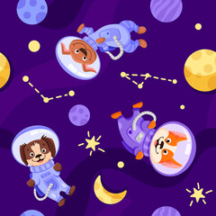 Dog Astronauts in space suits Seamless pattern. Universe wallpaper for wrapping paper or kids print vector texture. Cute pets with planets moon stars in open space. Vector Cartoon illustration
