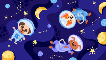 Space dog team in suits and helmets. Universe with cosmonauts for childrens print, nursery designs, perfect for kids room, fabric, wrapping, wallpaper, textile. Vector cartoon illustration