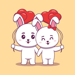 Obraz na płótnie Canvas Cute Valentine's day rabbit couple holding heart shaped balloons