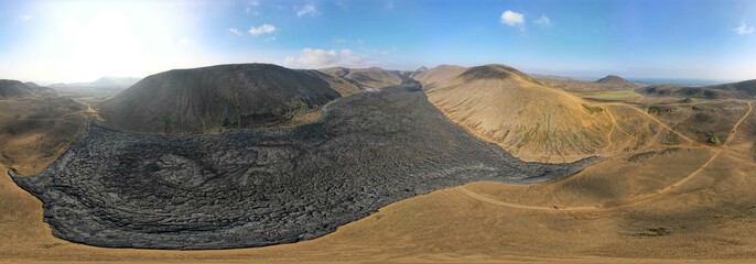 Aerial drone landscape of lava fields at Fagradalsfjall Volcano Iceland