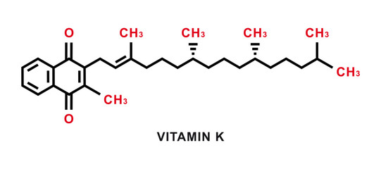 Vitamin K chemical formula. Vitamin K chemical molecular structure. Vector illustration