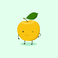 smiling happy yellow apple with green leaf