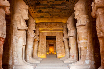Abu Simbel, Egypt -  January 9, 2022. Inside the great temple of Ramses II at Abu Simbel. - obrazy, fototapety, plakaty