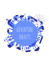 Postcard with blue-white houses and phrase in travel and holiday theme. Vector illustration in flat style for touristic industry.