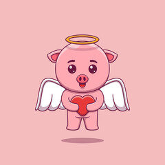 Cute cupid pig holding love heart