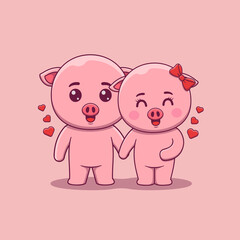 Cute Valentine's day pig couple holding hands