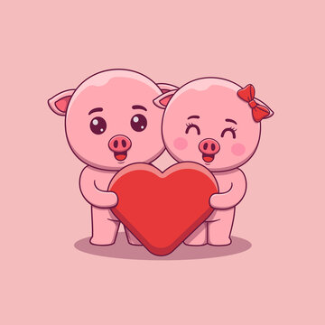 Cute Valentine's day pig couple holding a big heart love