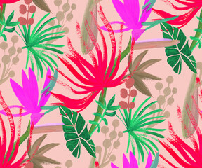 Modern abstract botanical pattern with tropical leaves and korolek strelitzia flowers in pink and red shades for summer textiles and surface design