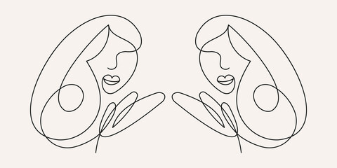 One line art woman face abstract beauty vector illustration. .Outline female face logo drawing. Women couple portrait. Simple contour lady. Linear creative artwork for print, t shirt. poster, card