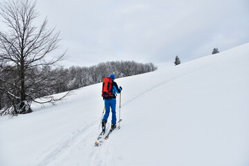 Fototapeta na wymiar Skitury, skituring, zimowe wędrówki górskie na nartach do skituringu, piękna biała zima w górach, śnieg w Bieszczadach, ferie zimowe. Skitouring in Polish mountains, white winter. 