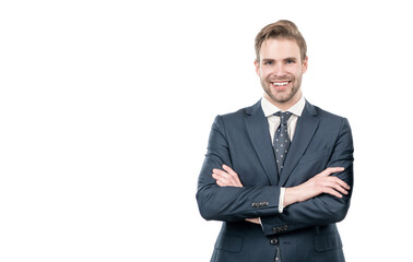 Im young professional. Confident professional employee. Happy man keep arms crossed