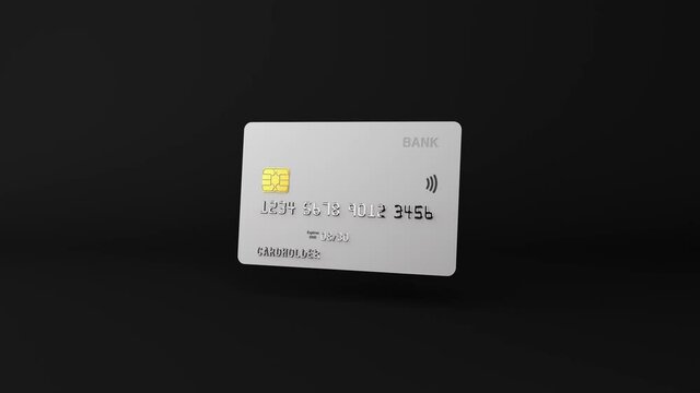 Spinning 3d white plastic credit debit card animation on black dark background in a seamless visualisation loop. Mock up business money bank holder account in 4k graphics, online payments, transaction