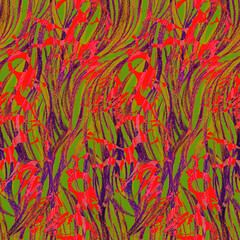 Bright layered seamless pattern with botanical silhouettes and vertical wavy lines for ethnic textiles and surface designs