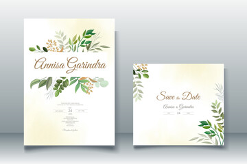 Elegant wedding invitation card with leaves template Premium Vector	
