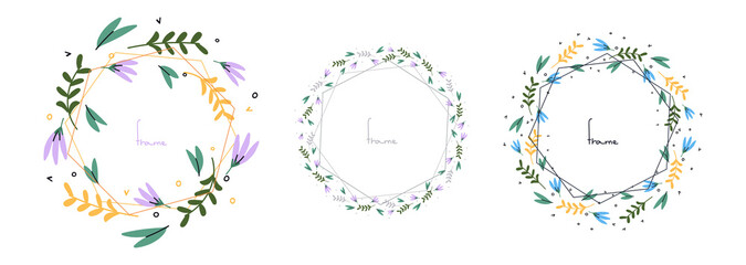 Three different vegetable frames. Snowdrops and leaves are a symbol of spring and Easter. Flat vector illustration