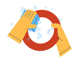 Hands in yellow rubber gloves. Wash the dishes with a sponge. Working in the kitchen. Flat vector.