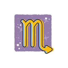 Scorpio - Zodiac signs. Yellow cartoon symbol on purple background. Flat zodiac sign.