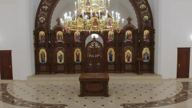 Aerial Drone Flight Inside Church.