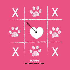 Tic tac toe game with paw prints pink background. Happy Valentine's day greeting card