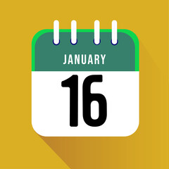 January day 16. Number sixteen on a white paper with green border on a yellow background calendar sheet. Vector illustration.