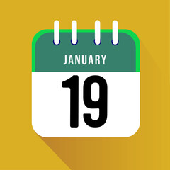 January day 19. Number nineteen on a white paper with green border on a yellow background calendar sheet. Vector illustration.